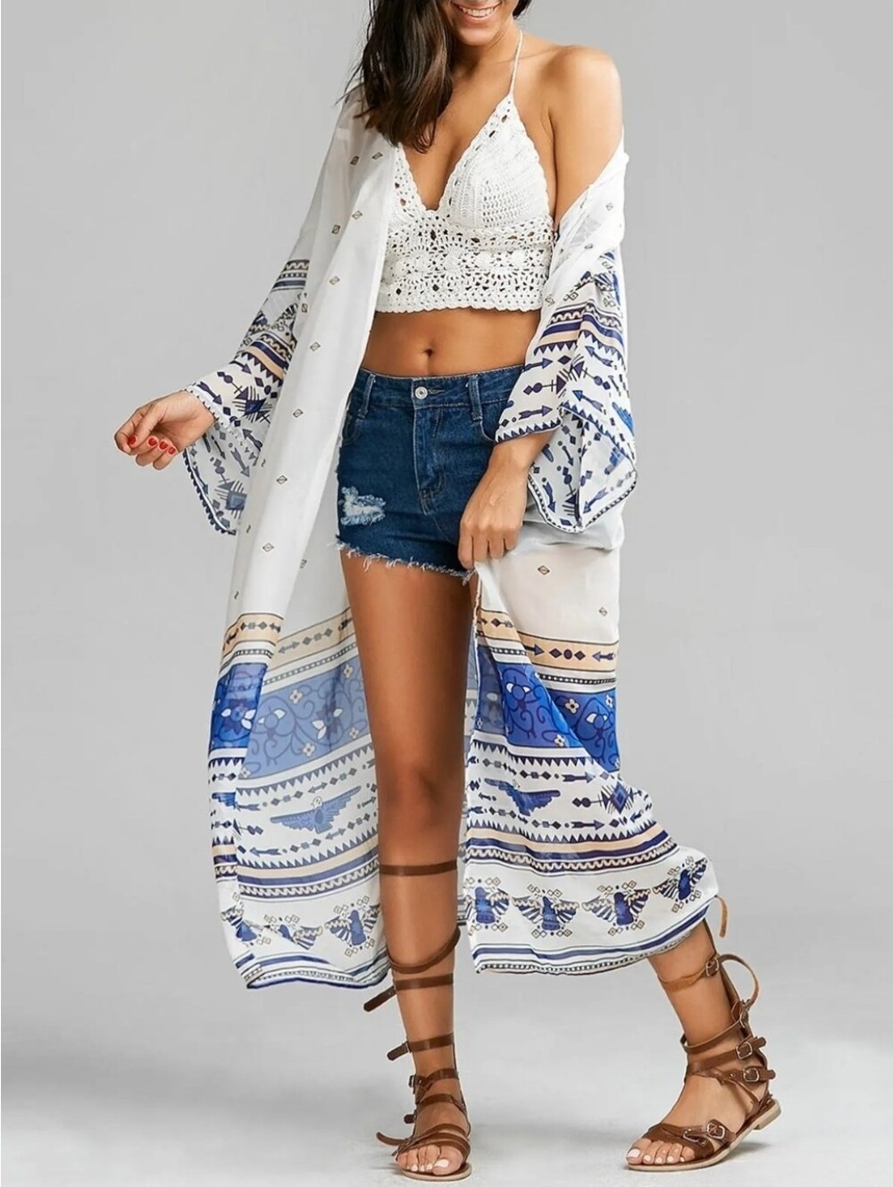 Boho White & Blue Printed Swim Cover-Up Kimono